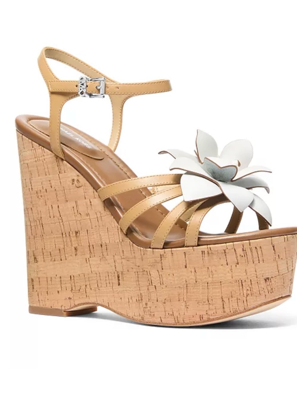 NWOT Michael Kors Tan Wedge Sandal with White Floral Detail
